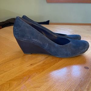 Clarks blue velvet slip on wedge